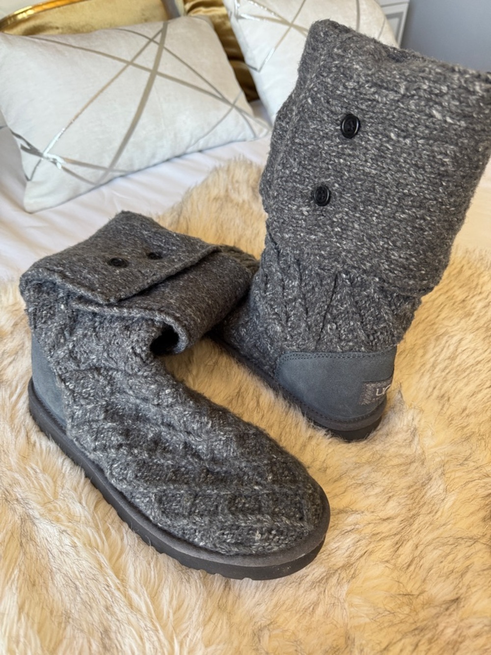 UGG Gray Knit Button-Detail Tall Boots
